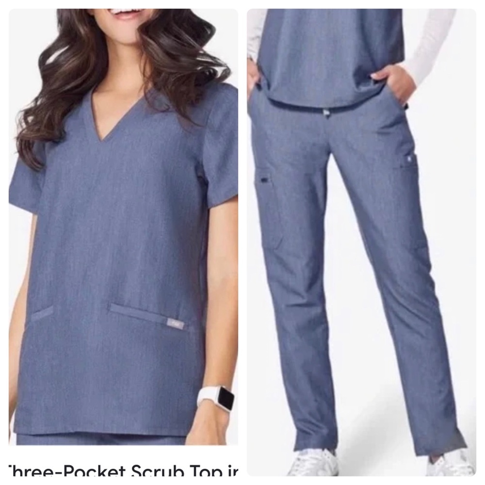 A16-NWT Figs Scrub Set Casma Three Pocket Top & Yola Skinny Pants XS Heath Denim